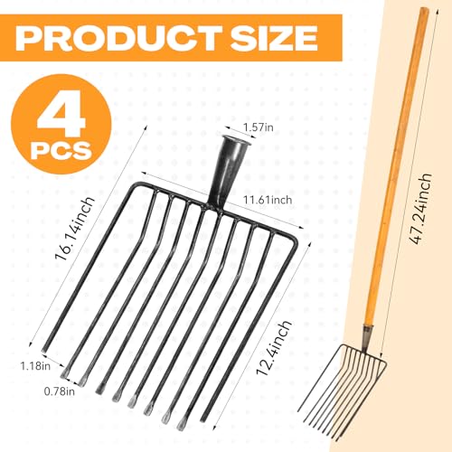 4 Sets Pitch Fork 10 Tines Wide Manure Fork with Long Handle Heavy Duty Muck Rake Broadfork Garden Tool for Gardening Horse Stall Picking up Manure Farm