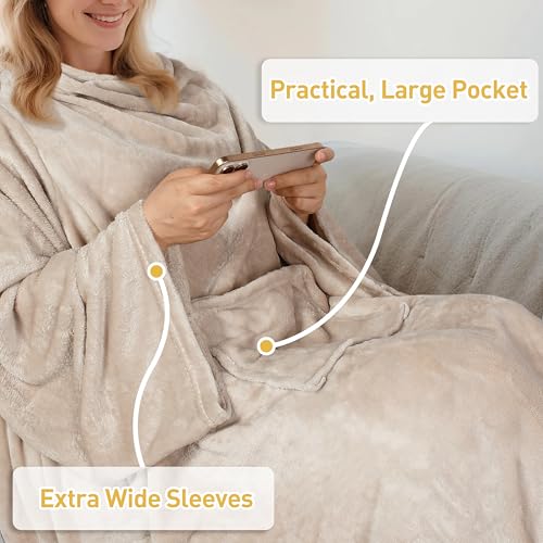 Catalonia Wearable Blanket with Sleeves for Women & Men, Fleece Wrap Throw - color: Latte