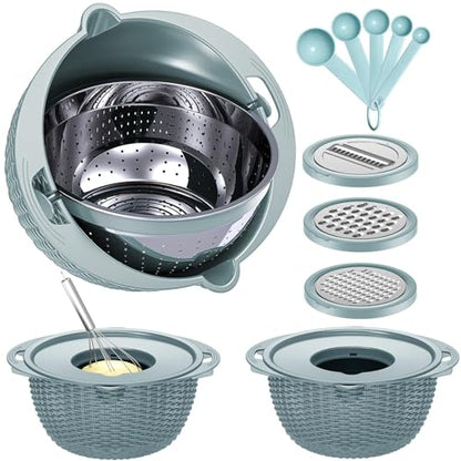 4-1 Strainer with Bowl & Spoons Set - Strainers and Colanders(Patented) - Colanders for kitchen - Food Strainer with New Upgraded Graters & Spoons - Fruit Bowl for Pasta Fruits Veggie- Blue - color: Blue