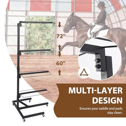 4 Tier Saddle Rack Stand with Wheels Adjustable Holder for Western & English Saddle Portable Heavy Duty Tack Rack Supports to 250Lbs Holds Tack Pad Blanket Accessories etc for Horses