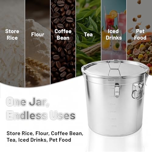 304 Stainless Steel Extra Large Rice Storage Container 12.7Gal/48L Airtight Canister with Locking Lid & Buckle, Food Grade Sealed Bucket Holds 40-90Lbs for Rice, Flour, Grain - size: 48L