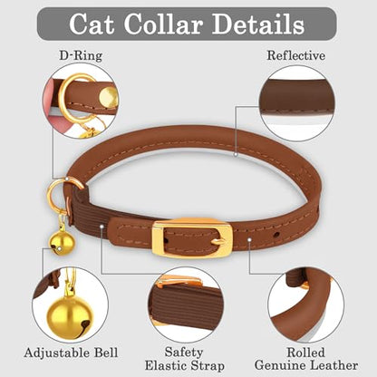 OOPSDOGGY Rolled Leather Cat Collar with Bell - Reflective Kitten Collar with Safety Elastic Strap - Adjustable Small Pet Collars for Boy Girl Cats (Brown) - color: Brown
