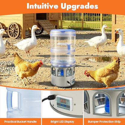 Poultry Chicken Water Heater, 80W Heated Chicken Waterer 5 Gallon with 32 °F-122°F Temperature Adjustable, 9 Drinking Windows & LED Display Screen, Poultry Water Deicer for Winter