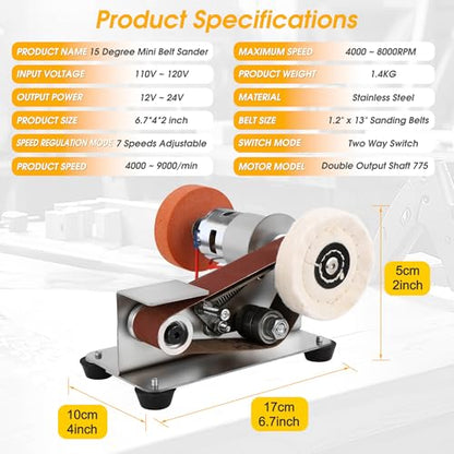 Mini Belt Sander for Knife Making, 15° Electric Power Bench Belt Sanders | 7 Adjustable Speed Knife Sharpener Knife Polishing Kit for DIY Metal Woodworking Knife Making - style: 15 Degree Belt Sander