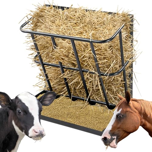 Large Capacity Hay Feeder for Goats & Horses - 2-in-1 Heavy Duty Steel Hay Rack with Detachable Grain Tray, Wall-Mounted Multiple-Sided Feeding Rack for Sheep Livestock Farm, Black