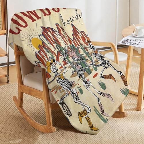 Cowboy Throw Blanket, Western Retro Wild Desert Funny Halloween Skeleton Howdy Rustic West Skull Fleece Fuzzy Fannel Blankets for Sofa Bed Chair Couch Bedroon Living Room Gifts, 30"x40" Inch - color: Cowboy-03, size: 30x40 inch