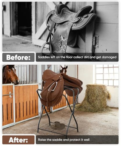 Queension Foldable Saddle Rack with Bottom Storage for Horse Stable, Black - style: Standing-Black