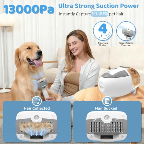 Dog Grooming Vacuum,6-in-1 Pet Grooming Kit,13000Pa,2L Dust Cup | Low Noise <55dB, Steam Brush for Shedding, Clipper & Grooming Kit, Professional for Dogs Cats, Home Cleaning Use - color: Gray