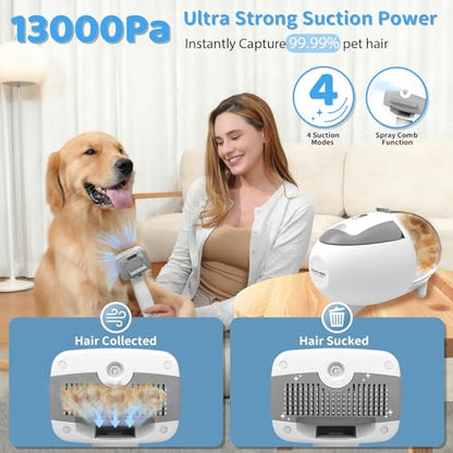 Dog Grooming Vacuum,6-in-1 Pet Grooming Kit,13000Pa,2L Dust Cup | Low Noise <55dB, Steam Brush for Shedding, Clipper & Grooming Kit, Professional for Dogs Cats, Home Cleaning Use - color: Gray