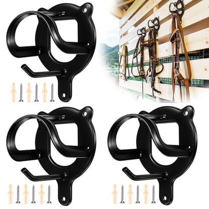 3 Pack Horse Bridle Rack Bridle Hooks – Metal Tack Hanger with Tubes & Screws for Horse Barn, Stable, or Garage Storage, Matte Black