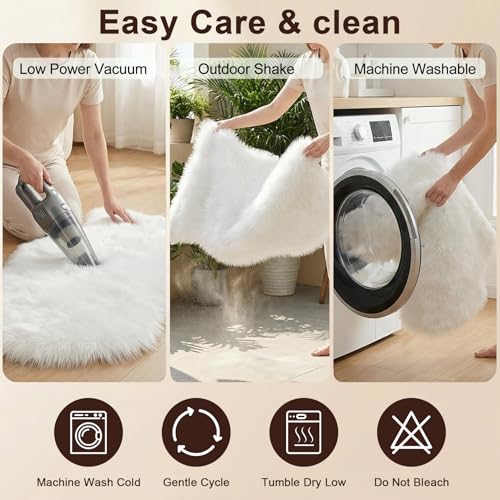 duduta White Faux Fur Sheepskin Round Rug 4x4 ft, Fluffy Shag Circle Rug - color: White, size: 4' x 4'