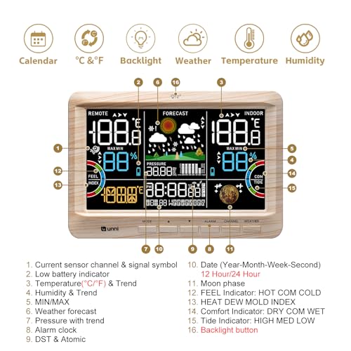 Weather Station Indoor Outdoor Thermometer Wireless Atomic Clock Wood | Home Atomic Clock Large Constant Display, Inside Outside Temperature Humidity Monitor, Dew Heat Point, Barometer - color: Multi