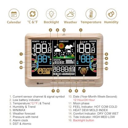 Weather Station Indoor Outdoor Thermometer Wireless Atomic Clock Wood | Home Atomic Clock Large Constant Display, Inside Outside Temperature Humidity Monitor, Dew Heat Point, Barometer - color: Multi