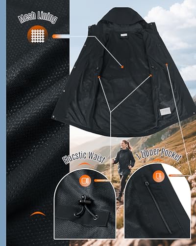 33,000ft Women's Waterproof Rain Jackets Long Rain Coats with Hood - color: Black, size: X-Small