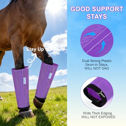 Fly Boots for Horses Set of 4, Loose Fitting Mesh Horse Fly Boots Leggings, Reduce-Stomping Adjustable Equine Leg Wraps & Socks, Stay Up Not Sag, No Rub (Purple) - color: Purple