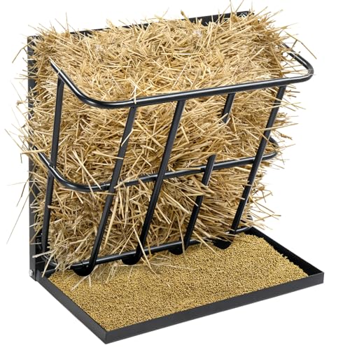 Large Capacity Hay Feeder for Goats & Horses - 2-in-1 Heavy Duty Steel Hay Rack with Detachable Grain Tray, Wall-Mounted Multiple-Sided Feeding Rack for Sheep Livestock Farm, Black