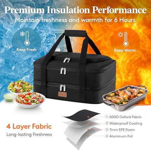 Lifewit Double Decker Casserole Carrier for Hot and Cold Food, Insulated Casserole Dish Carrier Carrying Case with Tool Room, Thermal Bag for Potluck Parties Cookouts Fits 9"×13" Baking Dish, Black - color: Black