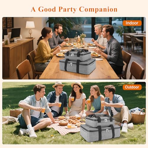 Insulated Casserole Carrier for Hot or Cold Food, Fits 8"-15" Baking Dish，Thermal Food Carrier Bag, Lasagna Lugger Tote for Potluck Parties/Picnic/Cookouts/Lunch, Grey，2 Pack