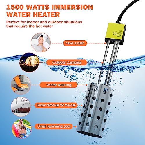1500W Bucket Heater, Rust Proof Built in Temperature Controller Immersion Water Heater, Heats 5 Gallons of Water in Minutes with Auto Shutoff, for Home Outdoor Camping and Winter Job