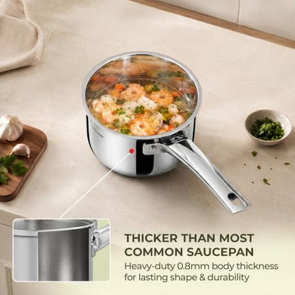 Sunhouse: Stainless Steel Saucepan - Classic: 2 Quart - Tempered Glass Lid, 3-Ply Bottom, Round-Edge Cookware Pot, All Cooktop-Oven-Dishwasher Safe