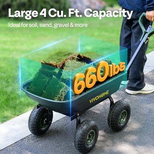 VIVOHOME 660lbs Wheelbarrow Dump Garden Cart with 2-in-1 Convertible Handle | Attach to ATV or Tractor, 10" All Terrain Wheels, Heavy Duty Utility Trailer for Yard - color: Green