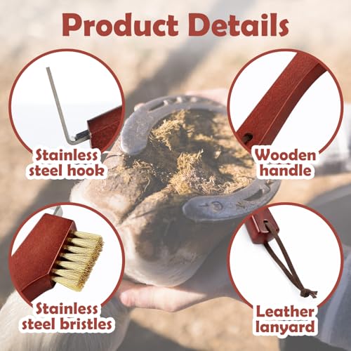 Shinylin Horse Hoof Pick with Brass Wire Brush and Wooden Grip
