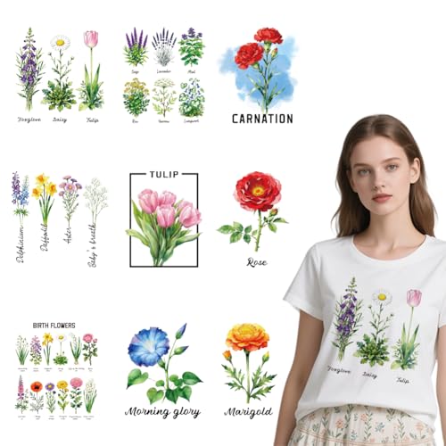 arricraft 9 Sheets Flowering Plants Theme Iron on Decals Patches, 9 Styles Foxglove Daisy Tulip Rose Iron on Stickers PET Washable Heat Transfer Stickers for T-Shirts Patches Bags Hats DIY Crafts - style: Flowering Plants Theme