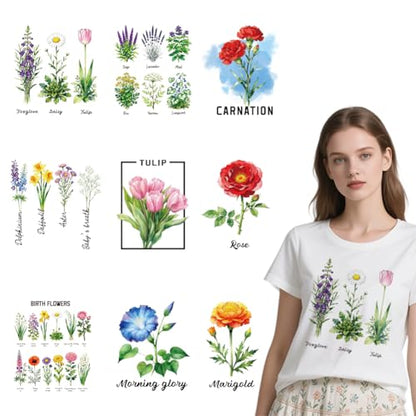arricraft 9 Sheets Flowering Plants Theme Iron on Decals Patches, 9 Styles Foxglove Daisy Tulip Rose Iron on Stickers PET Washable Heat Transfer Stickers for T-Shirts Patches Bags Hats DIY Crafts - style: Flowering Plants Theme