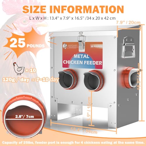 HAYOHRT Automatic Chicken Feeder No Waste 25 Pounds 4 Ports Metal Poultry Feeder with Latch & Handle for Chickens Bantams Pheasants Poultry Coop Weatherproof - size: 4 Ports - 25 lBS