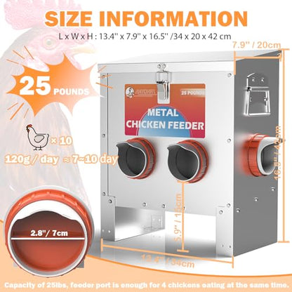 HAYOHRT Automatic Chicken Feeder No Waste 25 Pounds 4 Ports Metal Poultry Feeder with Latch & Handle for Chickens Bantams Pheasants Poultry Coop Weatherproof - size: 4 Ports - 25 lBS