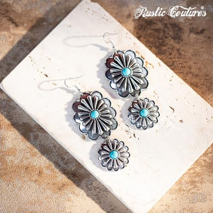 Montana West Rustic Couture's Western Concho Dangle Drop Earrings for Women - color: H-Turquoise