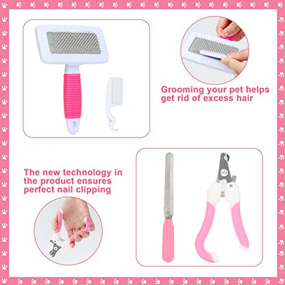 VCZONE Pink Small Animal Grooming Kit with Nail Clipper, Flea Comb, Shampoo Brush, Slicker Brush, Massage Glove for Rabbits - color: Pink