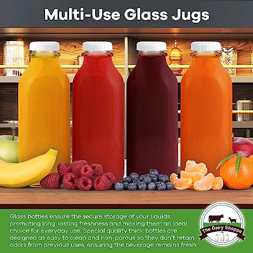 The Dairy Shoppe Heavy Glass Milk Bottles - Jugs with Extra Lids and a Silicone Pour Spout - Clear Milk Containers for Fridge - Reusable Glass Milk Jug Dispenser - Made in USA (33.8 oz, 2 Pack) - size: 33.8 Ounces