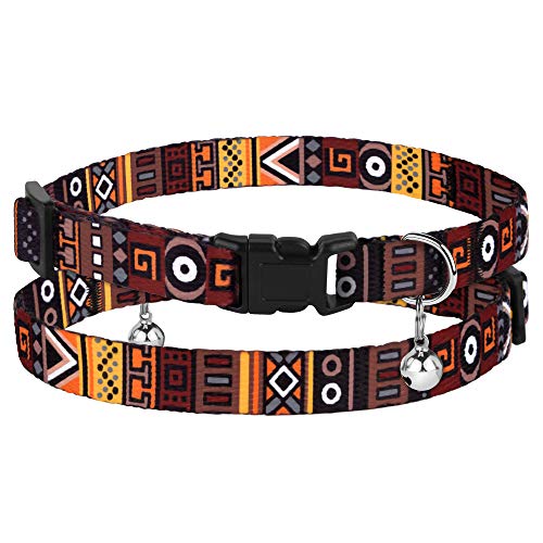 Tribal Nylon Cat Collar 2-Pack, Breakaway with Bell - color: Aztec Brown + Aztec Green