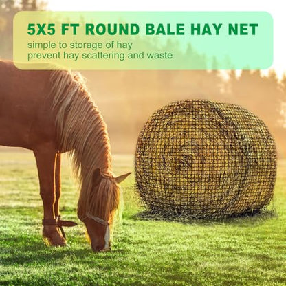 TONGMO 5x5 ft Round Bale Hay Net for Horses & Livestock - Slow Feeder Hay Nets with 2 inches Hole - size: 5×5 ft