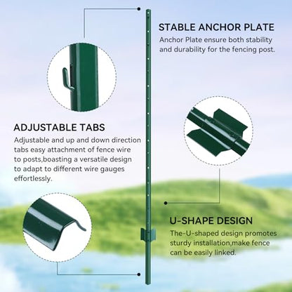 Metal Fence Post 3 Feet Green, Pack of 10, T Post for Wire Fence - color: Green 10pcs, size: 3 ft.