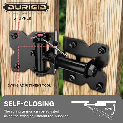 Self Closing Gate Hinges, Spring Loaded Gate Hinges, Shed Door Hinges for Vinyl/Wood Fence/Steal Gate, Self-Tapping Screws and Adjustment Tool, Black Finish, 2 Pack