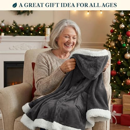 PAVILIA Hooded Blanket Poncho for Women, Fleece Wearable Shawl Wrap, Grey | Fleece Shawl Wrap with Hood, Adult Wearable Blanket, Cozy Warm Poncho Cape Throw with Pockets, Gift for Elderly Mom - color: Grey