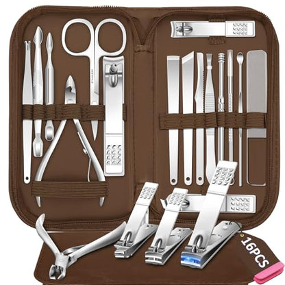 Manicure Set 16 In 1 Professional Stainless Steel Pedicure Kit Toenail Clippers Set Mens Grooming Kit Fingernail Kit for Women with Luxurious Travel Bag, Suitable for Home, Travel, and Salon (Brown) - color: 16Pcs-Brown