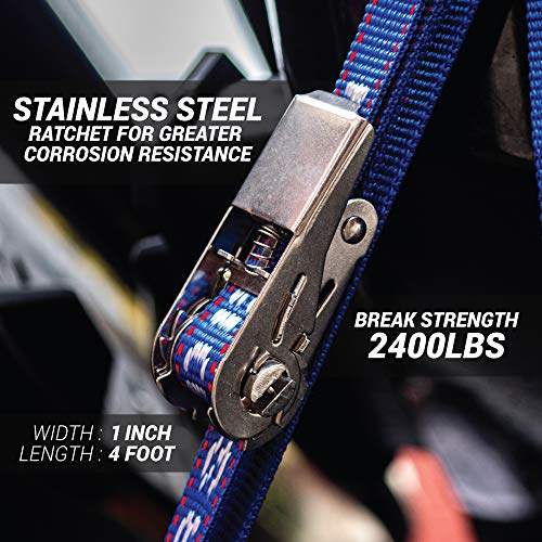 Stainless Boat Tie Down Straps to Trailer (Pack of 2) - 2,400lbs Break - 1" x 4’ Heavy Duty Ratchet Boat Straps - UV Treated Boat Transom Tie Down Straps Jet Ski Tie Down Straps - Made in New Zealand - color: Blue, size: 4ft