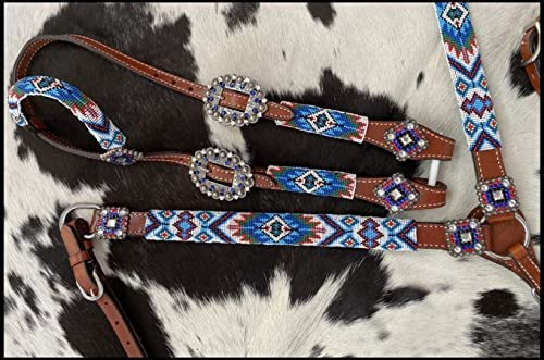 Showman Blue Beaded Southwest Design Single Ear Leather Headstall & Breast Collar Set, Average Full Size Horse