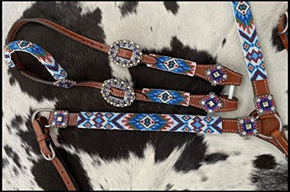 Showman Blue Beaded Southwest Design Single Ear Leather Headstall & Breast Collar Set, Average Full Size Horse
