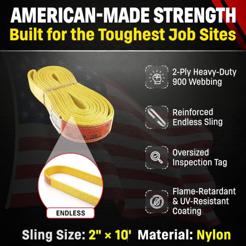 DD Sling 2" x 10' Nylon Endless Lifting Sling – USA Made | 12,800 lb Vertical, 10,200 lb Choker, 25,600 lb Basket – 2 Ply Heavy Duty 900 Webbing, Type 5 Endless Rigging Sling - size: 2"x10'