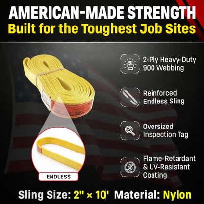 DD Sling 2" x 10' Nylon Endless Lifting Sling – USA Made | 12,800 lb Vertical, 10,200 lb Choker, 25,600 lb Basket – 2 Ply Heavy Duty 900 Webbing, Type 5 Endless Rigging Sling - size: 2"x10'