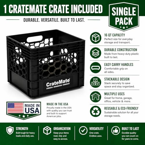 CrateMate Heavy-Duty Black Milk Crates for Storage, Organization & DIY | Perfect for Home, Camping, Worksite, & More - USA Made, Stackable, Durable (16 Quart) - size: 16 Quart