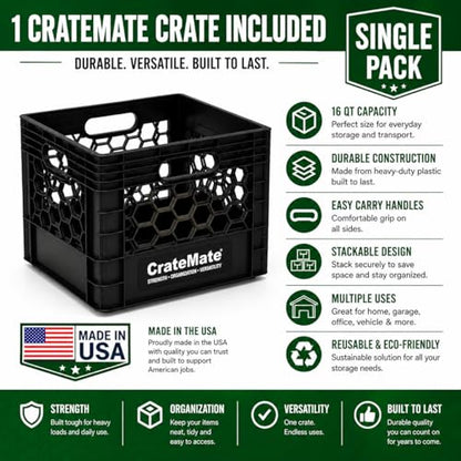 CrateMate Heavy-Duty Black Milk Crates for Storage, Organization & DIY | Perfect for Home, Camping, Worksite, & More - USA Made, Stackable, Durable (16 Quart) - size: 16 Quart
