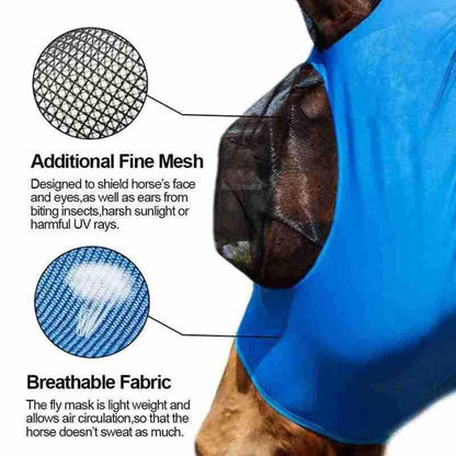Super Comfort Stretchy Horse Fly Mask 2 Pcs Long Nose with Ears Space with UV Protection Soft on Skin with Breathability (Blue, Black - Full Size)