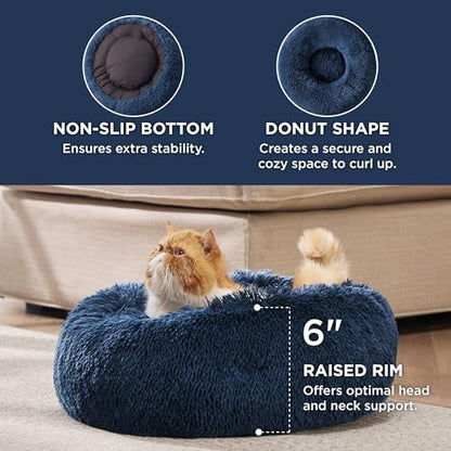 Bedsure Calming Cat Beds Donut Round Washable Kitten Bed,20 inches Navy | Fluffy Faux Fur Cuddler,Machine Washable,Anti-Slip Bottom,Anti-Anxiety,Deep Sleeping for Cats&Small Pets Up to 15 Lbs - color: Navy, size: 20"L x 20"W x 6"Th