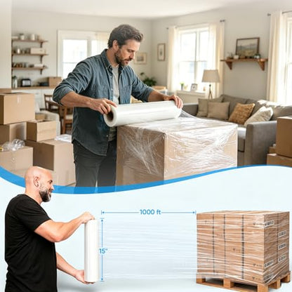 TICONN Stretch Wrap Roll, 15 in x 1000 ft Plastic Wrap for Moving Furniture | Odorless Industrial Strength Stretch Film, 300% Stretchability, Self-Adhering, Ideal for Furniture, Box Protection - style: 15''-1PK Clear (No handle)