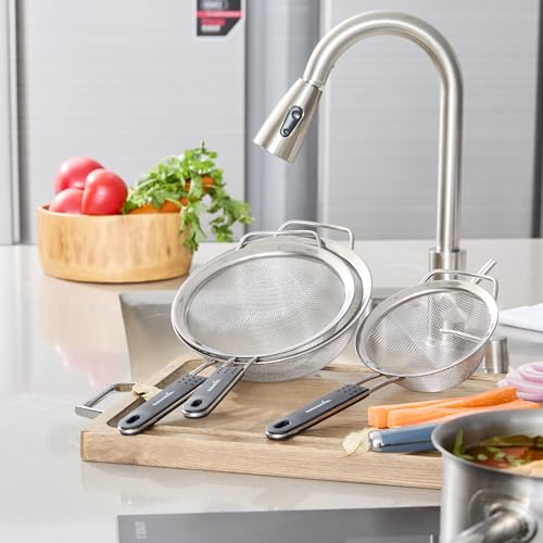 Restaurantware Fine Mesh Strainer Set of 3 Different Sizes with Silicone Handle Stainless Steel Extra Fine Mesh Strainer Heat-Resistant Handle Dishwasher-Safe for Rice, Quinoa, Pasta - size: Standard, Extra Fine Mesh-3-Piece Set